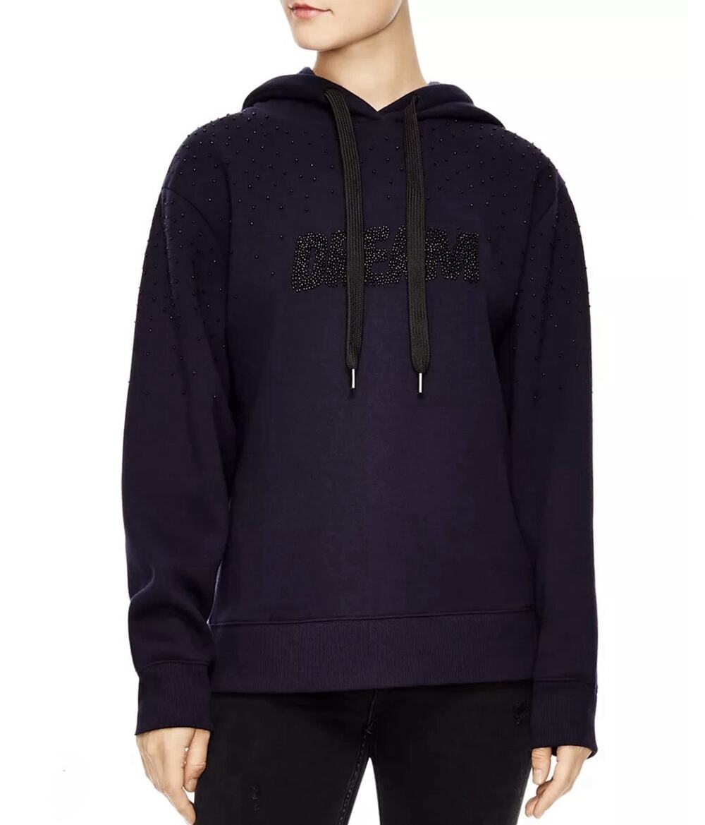 Sandro Spontané Dream Beaded Hoodie Sweatshirt - M Navy French-Girl Quiet Luxury